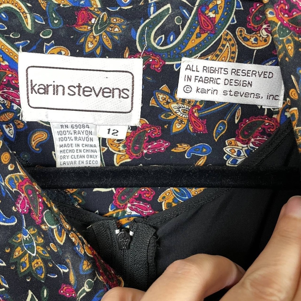 Vintage Karin Stevens Paisley Floral Jacket Dress 2 Piece Size 12 Black Maxi - Picture 9 of 12